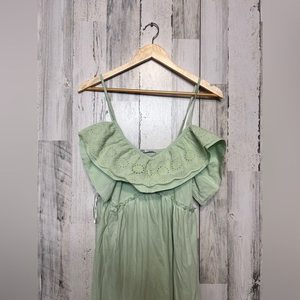 ZARA Green Eyelet Ruffle Maxi Dress Small Off Shoulder Cottagecore Summer